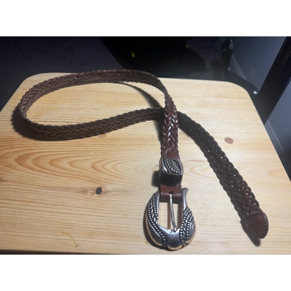 Argentina Vtg women's Belt Silver tone Engraved Buckle Boho Braided Leather  34
